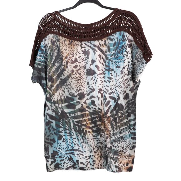 B.L.E.U. Shirt L Womens Animal Print Blue Brown Crochet Rhinestone Short Sleeve - Picture 6 of 6